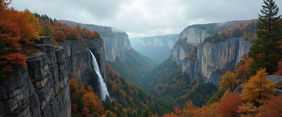 Majestic waterfall cascading through a vibrant autumn valley surrounded by towering cliffs and misty mountains, evoking a sense of awe in nature's beauty