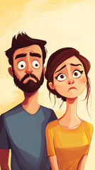 Cartoon-Style Illustration of a Couple Displaying Strong Worried Expressions, Highlighting Emotions, Relationships, and Human Connections
