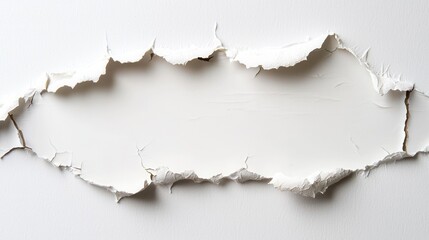 A hole in a white wall with peeling paint on it