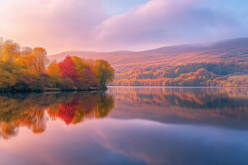 Naklejka premium Vibrant autumn colors reflect on a tranquil lake surrounded by rolling hills at dusk