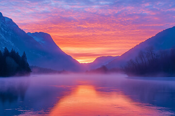 Fototapeta premium Vibrant sunrise casts colorful reflections over serene mountain valley with misty waters