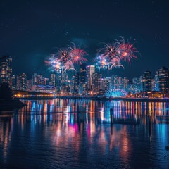 Obraz premium Vibrant Night Cityscape with Fireworks and Water Reflections, Generative AI