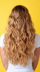 Fototapeta premium A woman with long, wavy hair standing in front of a yellow background