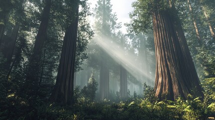Obraz premium Tall redwood trees in a dense forest looking up at the canopy with sunlight filtering through