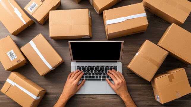 E-commerce packaging process home office digital workflow indoor aerial view business insight