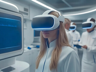 Female scientist using virtual reality headset in a high-tech laboratory