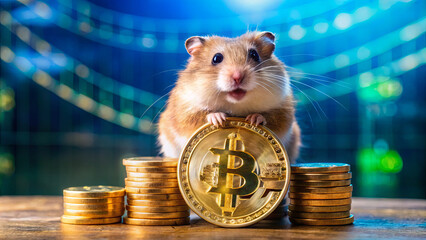 A small hamster sits among shiny Bitcoin coins, with an engaging expression on its face. The background features digital patterns, evoking a modern financial atmosphere
