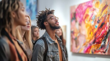 A diverse group of friends in their 20s and 30s, standing close together, intently observing a modern art gallery exhibition