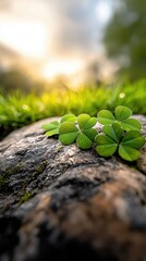 A group of four leaf clovers sitting on top of a rock