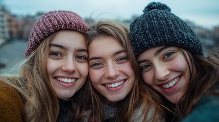 Fototapeta premium A tight shot of three friends smiling and taking a selfie together, their faces filled with genuine happiness