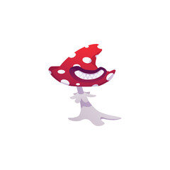 Fantasy carnivorous smiling fly agaric mushroom monster, vector cartoon magic dangerous poisonous toadstool predator