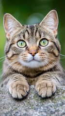 Obraz premium A cat with green eyes peeking over a rock