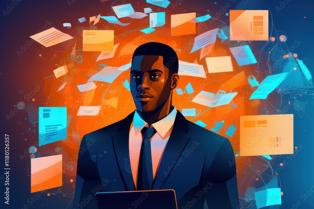 Poster businessman holding tablet with digital documents floating around him, representing efficient workfl