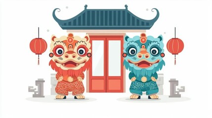 Naklejka premium Colorful lion dancers in front of a traditional temple.