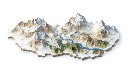 Stunning 3D model of a mountainous landscape with rivers.
