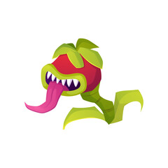 Scary carnivorous monster plant with flytrap, vector cartoon creepy dangerous fantasy flower predator with mouth, teeth