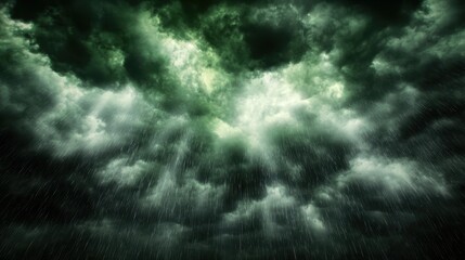 Obraz premium A dark green stormy sky with rain falling from the sky