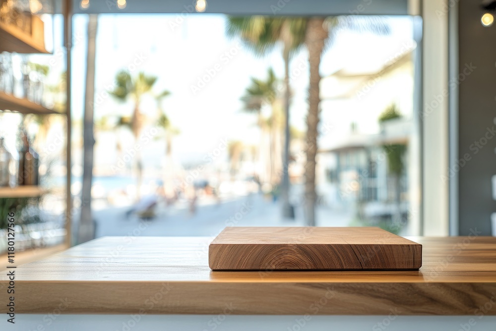 Fototapete wooden kitchen counter with a blurred beach cafe background featuring a window and palm trees outsid