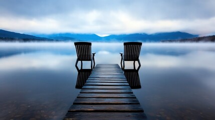 Naklejka premium Two chairs sitting on a dock in the middle of a lake