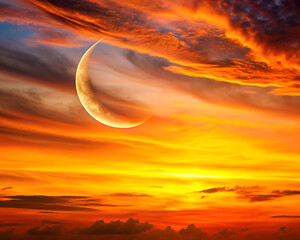 Fototapeta premium Mesmerizing crescent moon against a vibrant orange sky at dusk