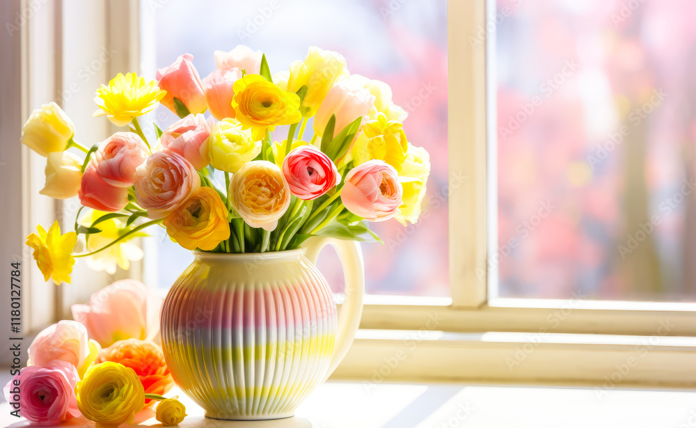 Wall mural Colorful bouquet of flowers in a vase near a sunny window with springtime light filtering through