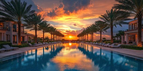Obraz premium A vibrant Miami bay sunrise scene with sparkling water and warm hues, evoking tranquility and tropical elegance, perfect for travel promotions.
