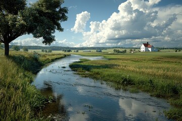 Serene river irrigating lush farm amidst nature's landscape rural setting tranquil viewpoint on world hunger solutions