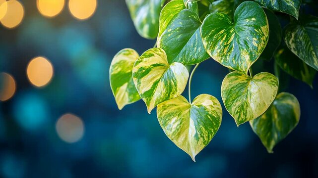 Heart-shaped leaves dangle from a lush green plant against a soft, blurred background of warm lights
