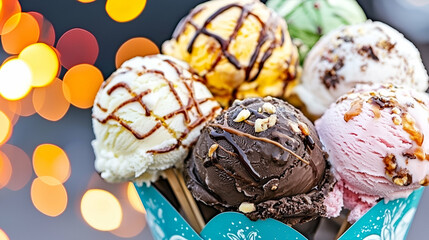 A colorful assortment of ice cream scoops topped with drizzles and nuts, set against a blurred, warm background of lights.