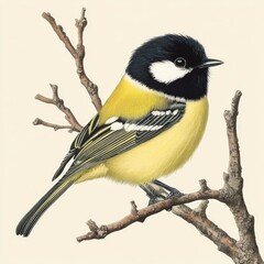 Fototapeta premium A bird is seen sitting peacefully on the top of a tree branch, enjoying its surroundings