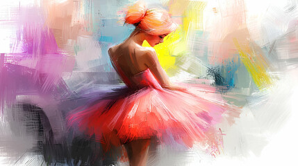 A graceful ballerina in a vibrant pink tutu dances, surrounded by a colorful, abstract background that enhances the elegance of her pose.