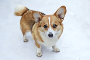 A brown and white dog standing in the snow, suitable for winter themed illustrations or advertisements