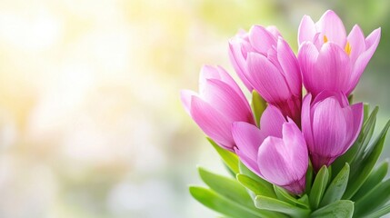 Fototapeta premium A bunch of pink flowers with green leaves in a vase