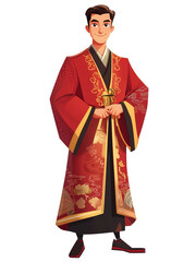 Cartoon Chinese Man in Traditional Attire, Cartoon Illustration Chinese Man Wearing Traditional Dress, Traditional Chinese Man in Cartoon Style