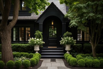 Charming black house with manicured shrubs, white flowers, and a welcoming entrance, showcasing curb appeal and upscale design