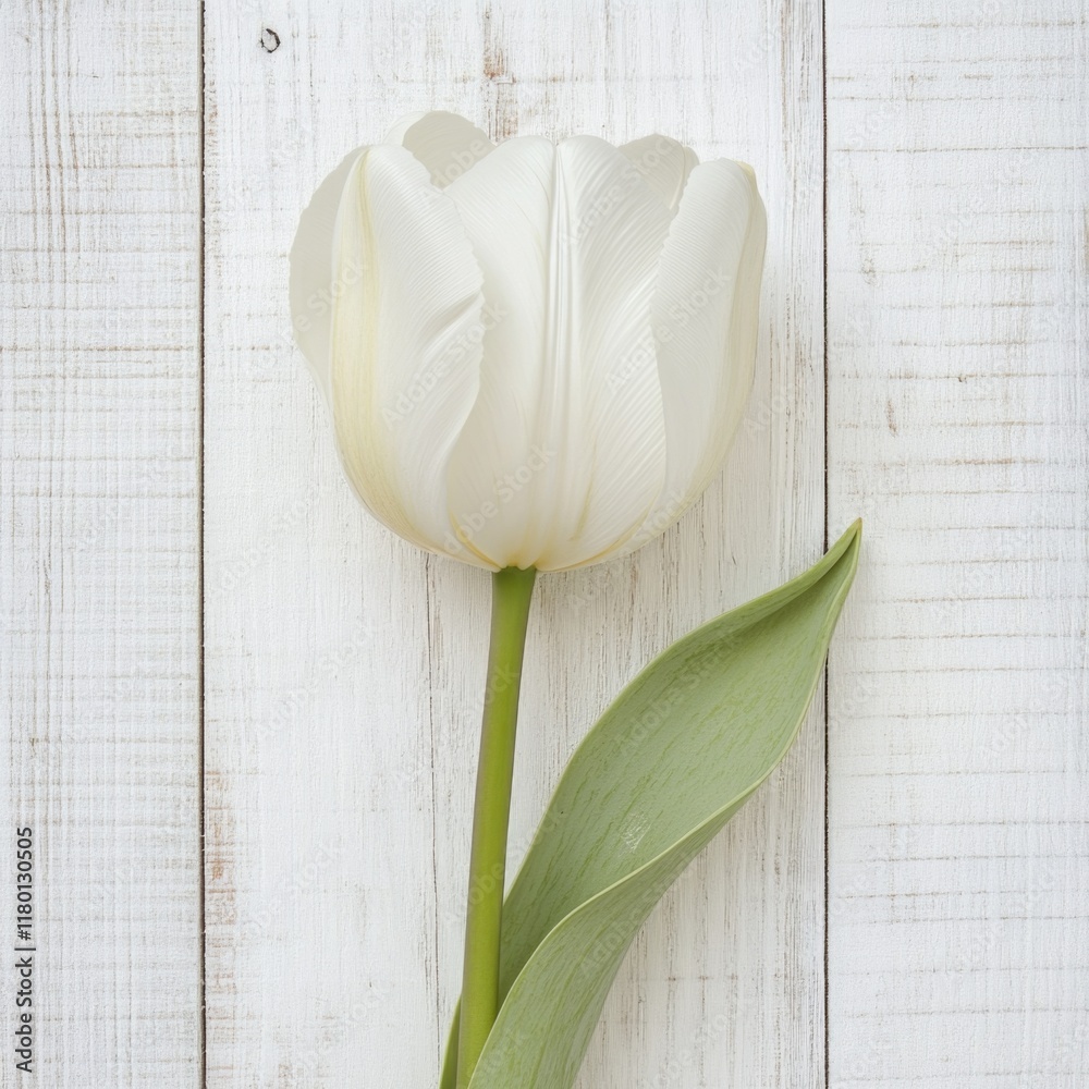 Poster a simple and elegant image of a single white tulip on a white wooden background
