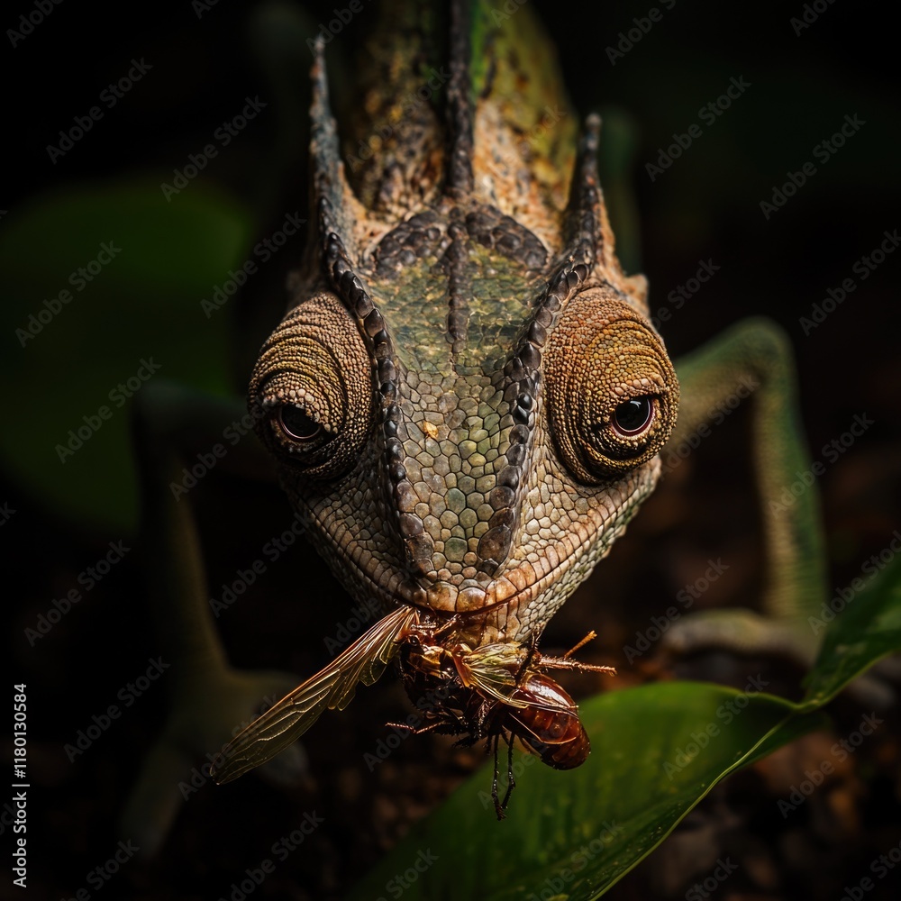 Poster a close-up shot of a lizard with a bug caught in its mouth, great for wildlife or nature related con
