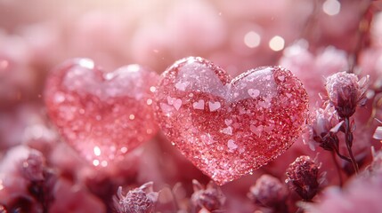 Love in the Frost: Two delicate hearts, frosted with a gentle dusting of snow, nestled amongst delicate pink blossoms. A tender image of love and resilience, captured in the soft light of winter.