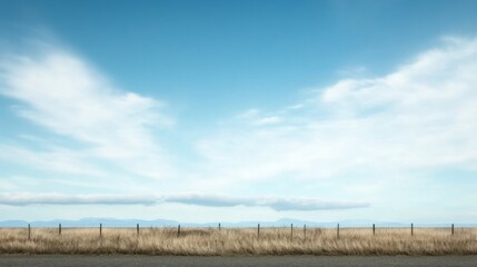 Serene landscape with a fence line separating dry grass and a clear blue sky with fluffy clouds.