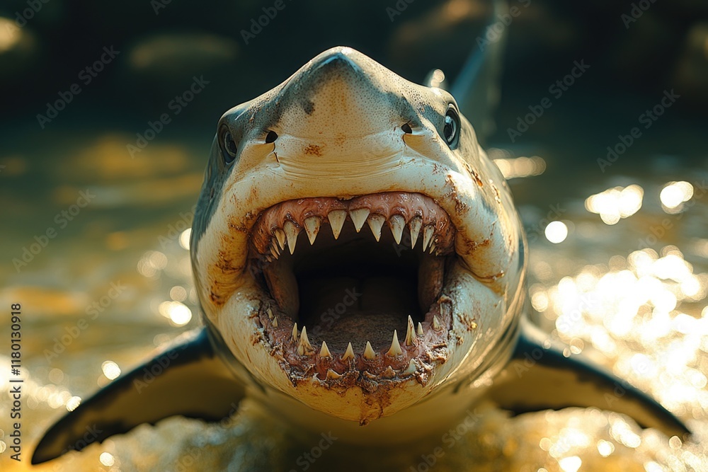 Poster a close-up shot of a shark's mouth open, suitable for use in illustrations about marine life or ocea