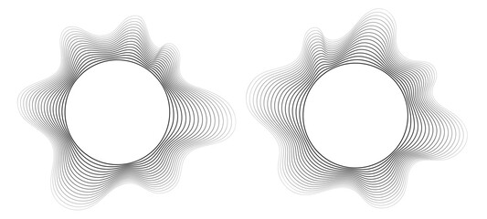 Round sound wave frames, circular lines pattern, radial curvy shapes, geometric concentric design. Vector illustration.