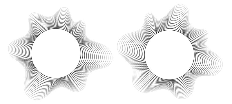Round sound wave frames, circular lines pattern, radial curvy shapes, geometric concentric design. Vector illustration.