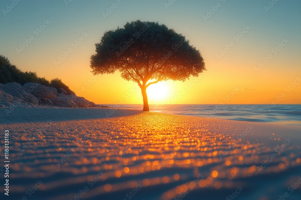 Aufkleber a single tree stands alone on a beach at sunset