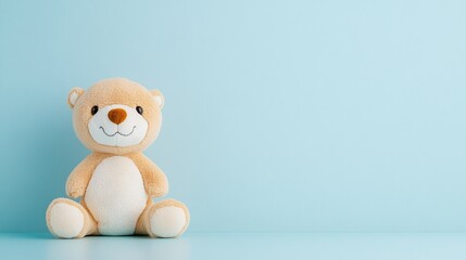 Fototapeta premium Cream-colored teddy bear plush toy on a light blue background, minimalistic children’s stuffed animal design, isolated with copy space, cute nursery decor or gift idea.