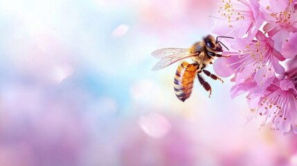 Naklejka premium A bee flying over a pink flower on a blue background