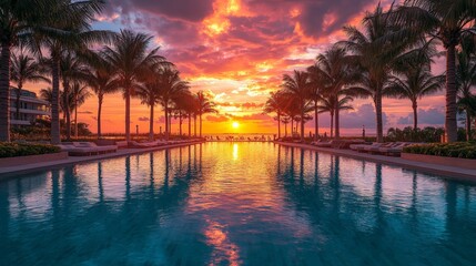 Obraz premium A vibrant Miami bay sunrise scene with sparkling water and warm hues, evoking tranquility and tropical elegance, perfect for travel promotions.