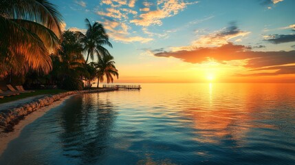 A vibrant Miami bay sunrise scene with sparkling water and warm hues, evoking tranquility and tropical elegance, perfect for travel promotions.