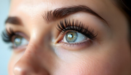 Obraz premium Close-up of beautiful woman’s sparkling eye showcasing long eyelashes and flawless skin