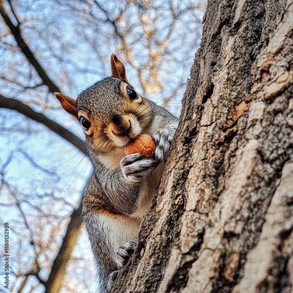 Poster A squirrel is munching on a carrot on a branch of a tree