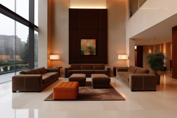 Fototapeta premium Modern luxury hotel lobby with brown sofas and large windows